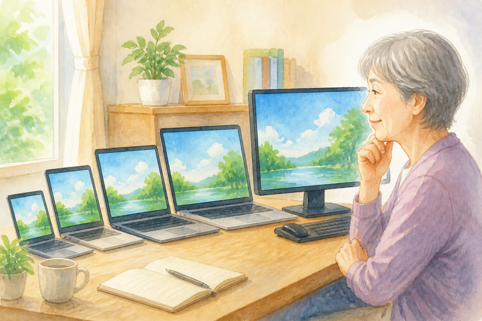 60代の自宅用はノート15.6〜17インチ、デスクトップ23〜27インチが目安です